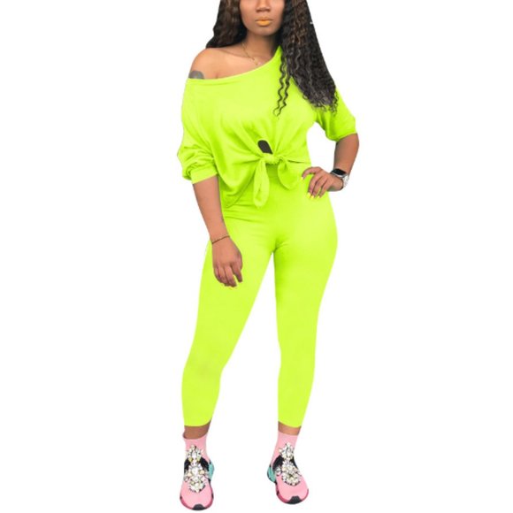 🚨50%off📦Off the shoulder two piece set-neon green - Picture 1 of 7